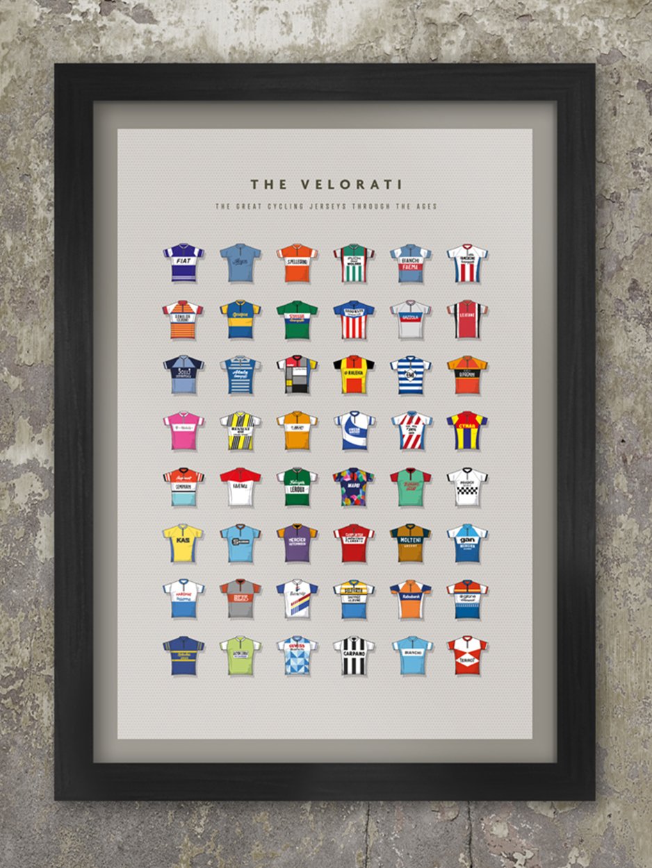 The Velorati - Cycling Jersey Poster Print. For lovers of retro cycling jerseys! This contemporary cycling poster print details the great cycling jerseys through the ages. Including - Eddy Merckx Molteni, Faema, Peugeo and Fiat, Fausto Coppi Bianchi, Raymond Poulidor Hutchinson and Bernard Hinault Renault Elf and La Vie Claire.